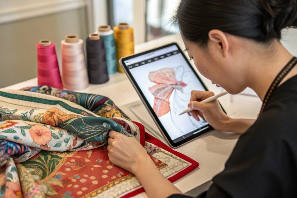 Chinese Designer Creating Digital Silk Scarf Design with Tablet and Color Threads