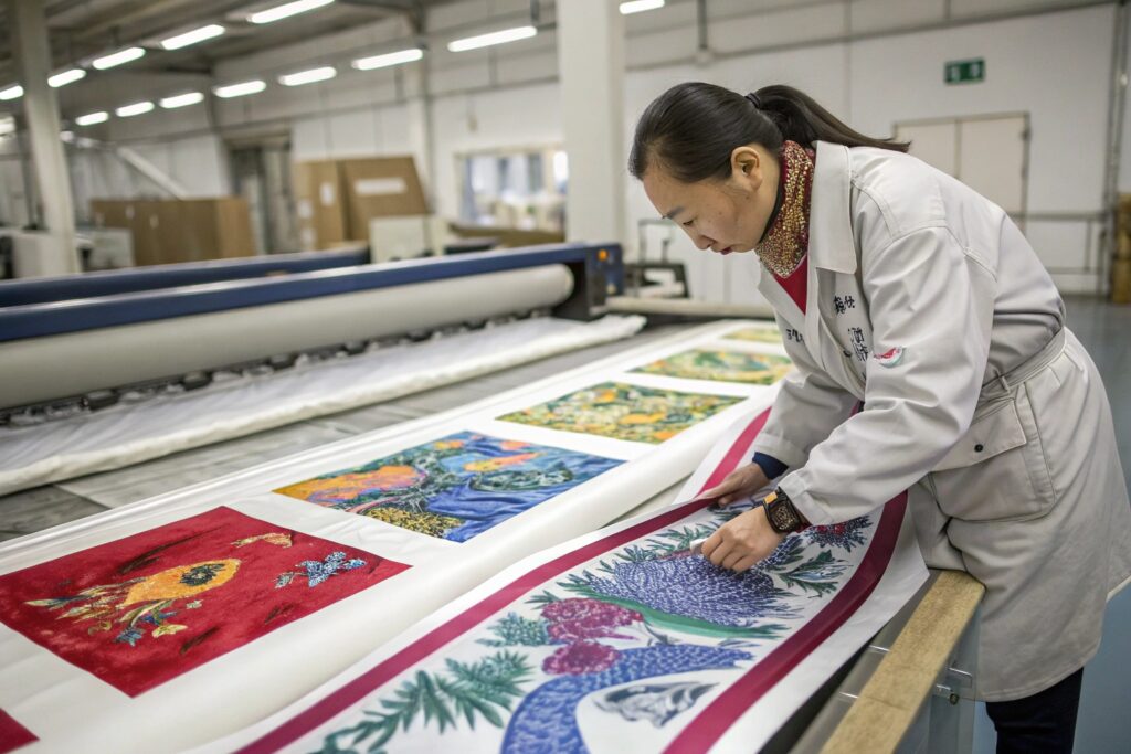 Chinese factory technician inspecting digitally printed silk scarf for quality assurance