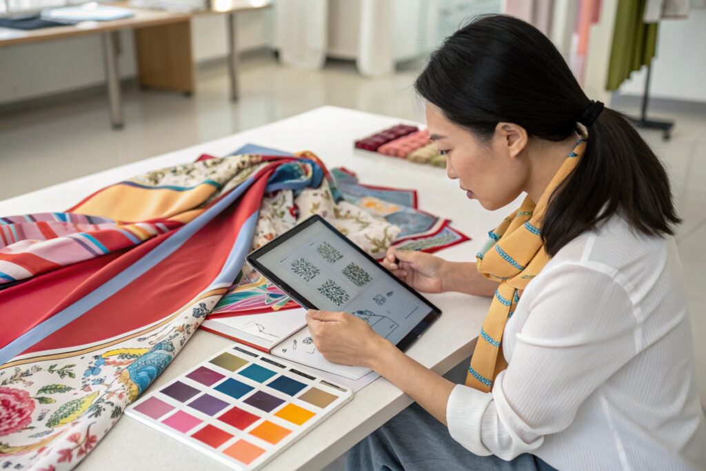 Chinese textile designer reviewing silk scarf pattern on tablet beside colorful printed samples