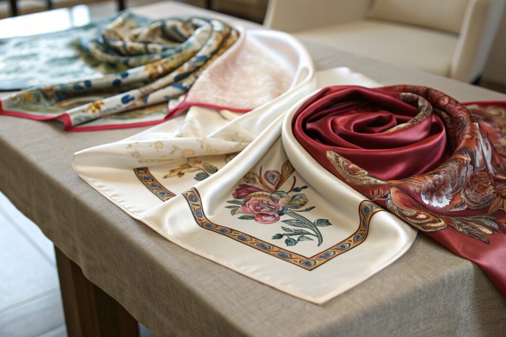 Close-up of luxury silk charmeuse scarves with intricate floral prints and elegant drape