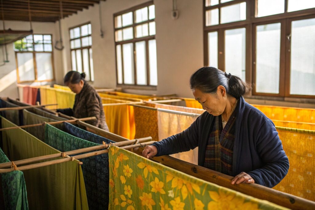 Traditional Chinese Silk Dyeing Studio with Artisan at Work