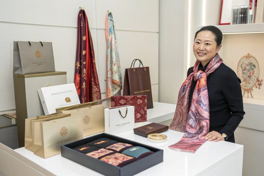 Chinese textile brand showcasing premium silk scarf packaging and design in a luxury showroom