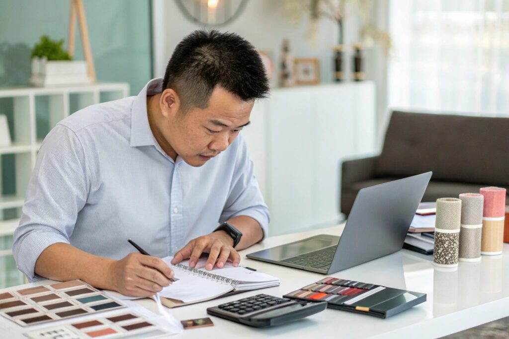Chinese Entrepreneur Reviewing Fabric Swatches in Modern Office