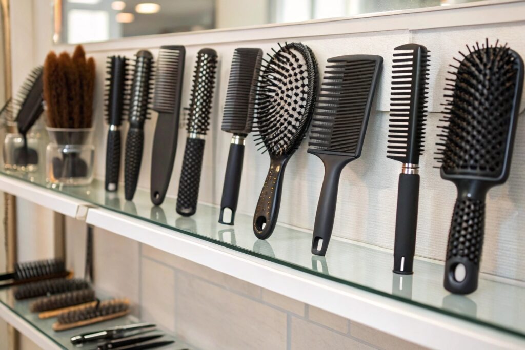 Clean salon retail shelf showcasing neatly arranged professional hairbrushes - Fumao wholesale accessories