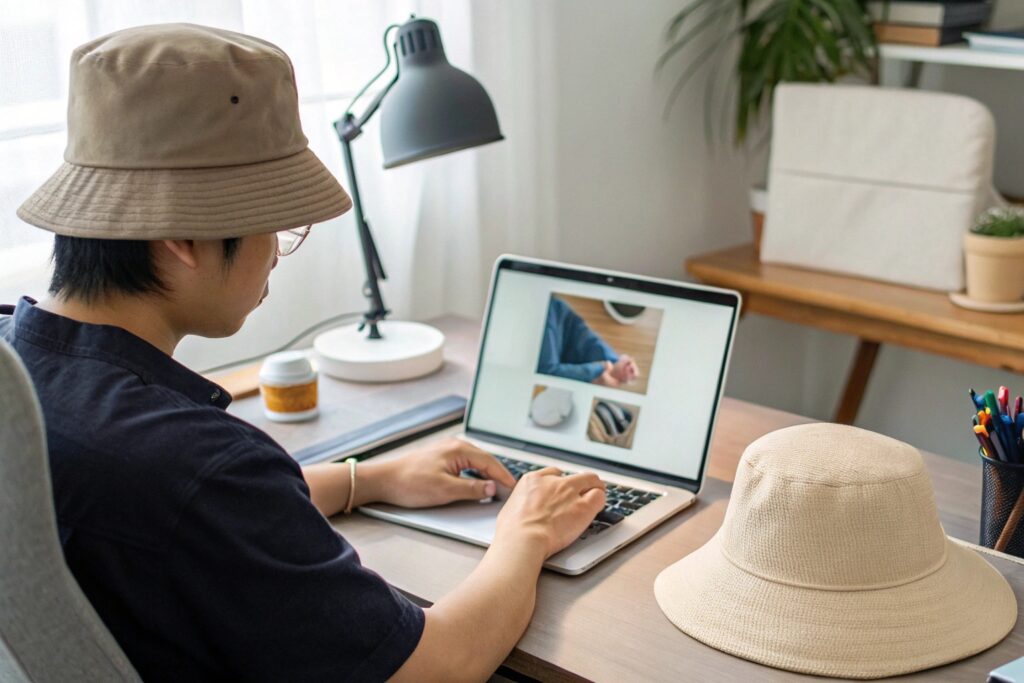 Chinese entrepreneur researching custom sun hat design in a cozy workspace