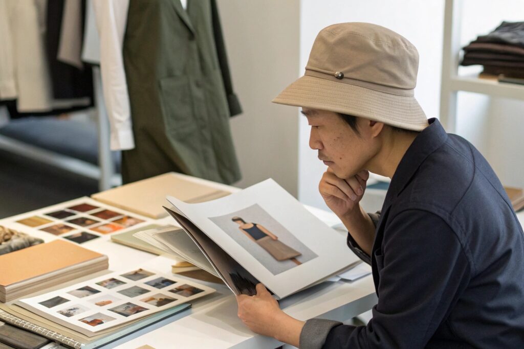 Chinese fashion designer reviewing lookbook samples for custom headwear development