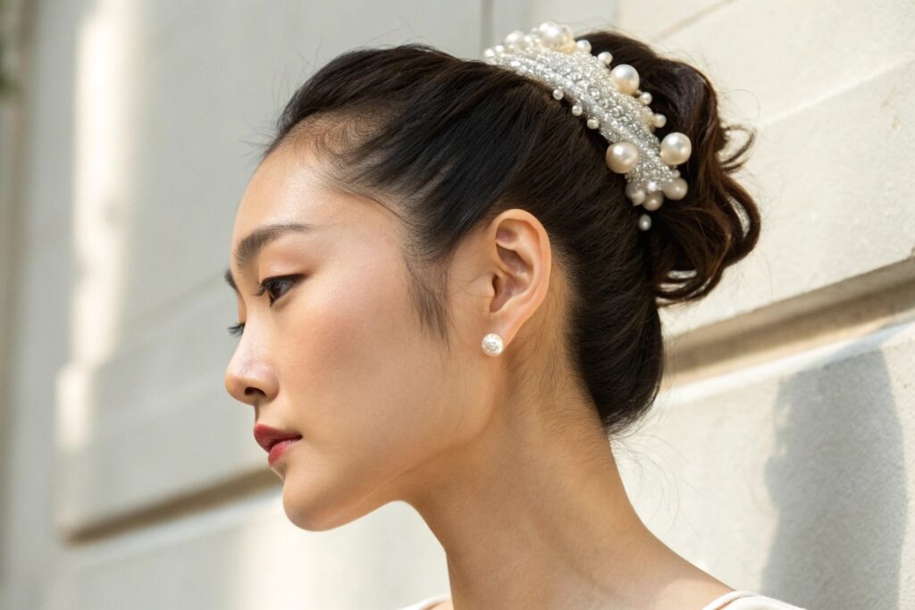 Fashion-Forward Portrait with Pearl Hair Accessory | Fumao Clothing