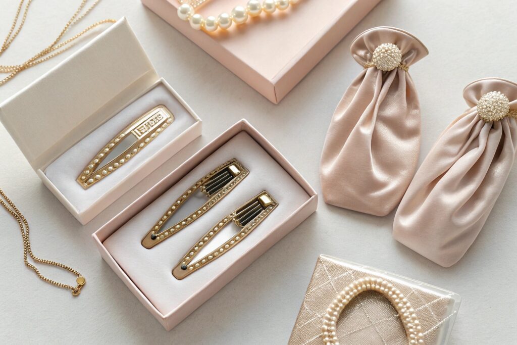 Elegant Flat Lay Display Featuring Custom Hair Clips and Pearl Accessories | Fumao