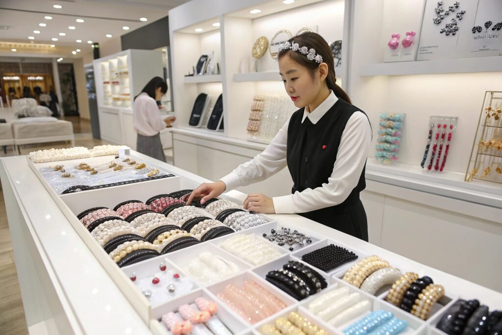Modern Showroom with Pearl Headbands and Hair Accessories – Fumao Wholesale