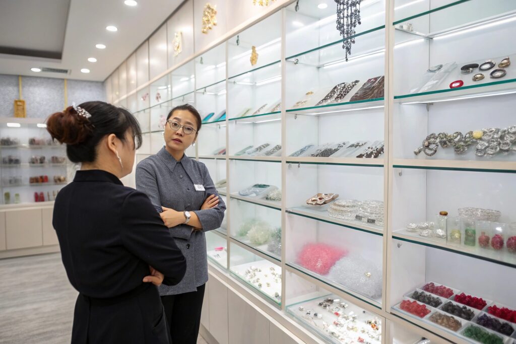 Professional factory showroom displaying a wide range of fashion accessory components - Chinese supplier consulting with buyer