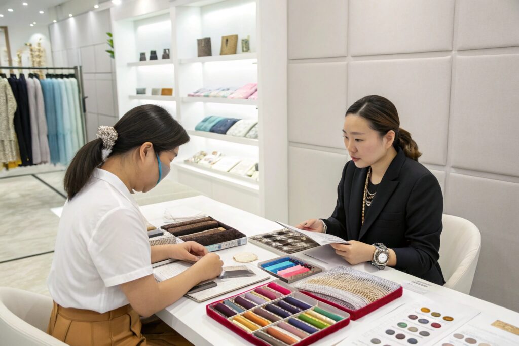 Fumao Accessories Showroom – Professional Meeting with Textile Samples
