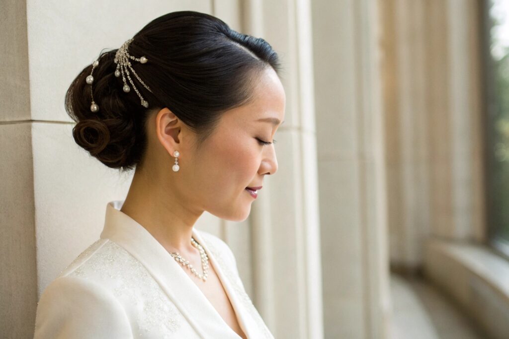 Refined Portrait of a Chinese Woman in Elegant White Attire with Pearl Hair Accessory | Fumao