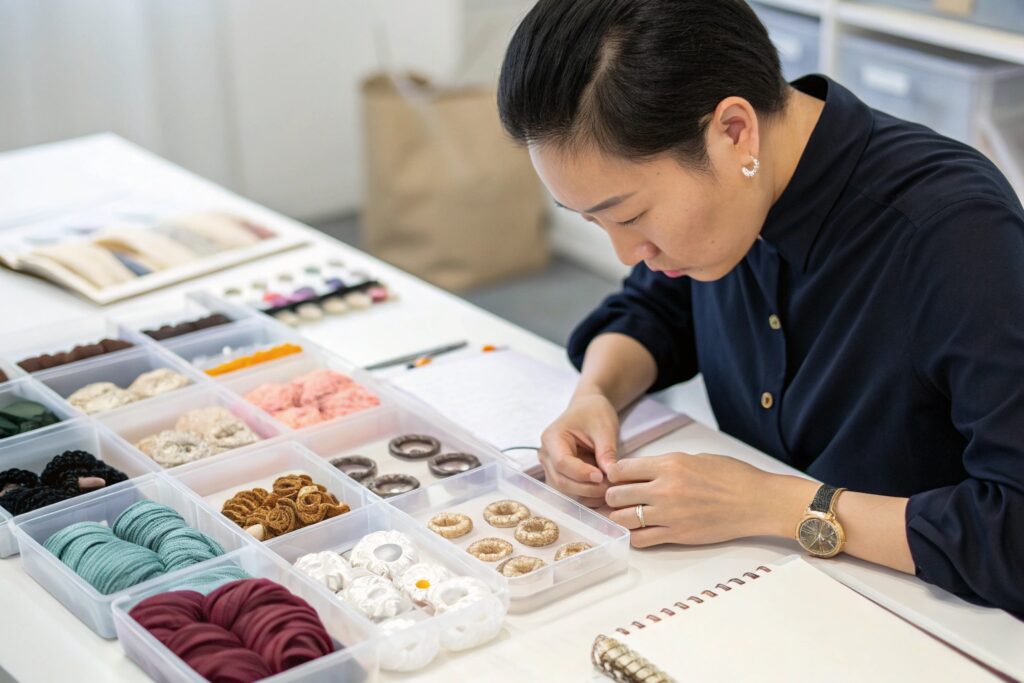 Chinese designer reviewing fabric hair tie samples at a product development table - Fumao Accessories custom scrunchies