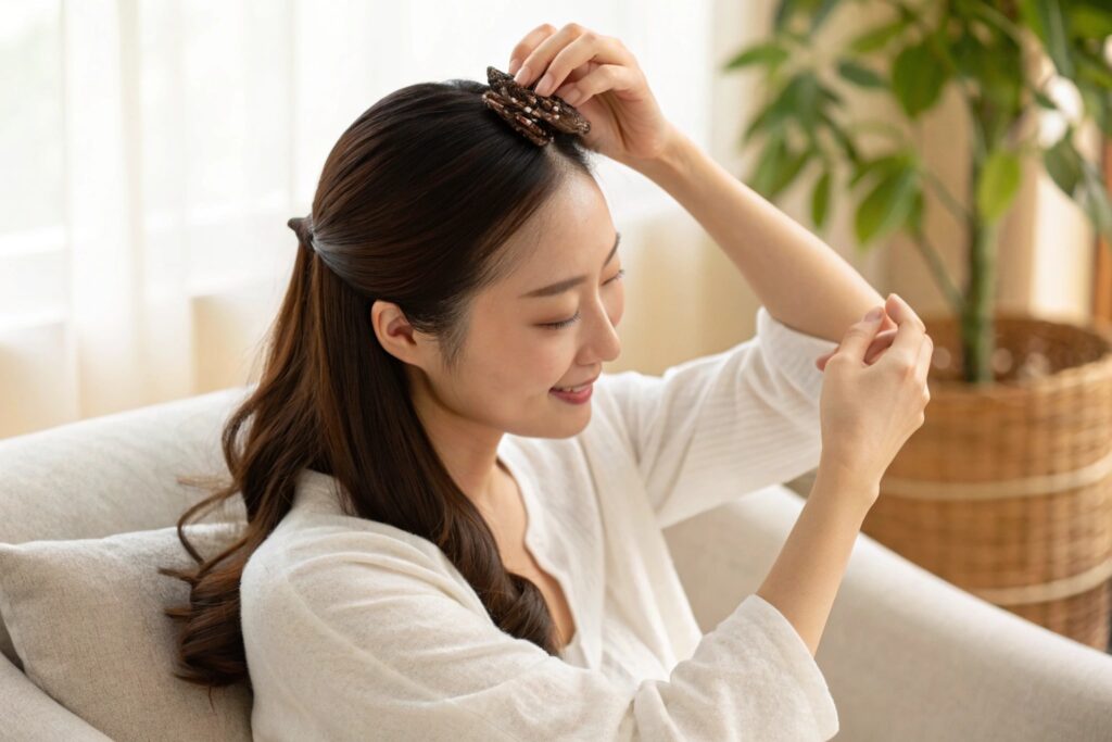 Natural Lifestyle Scene - Chinese Woman Using Hair Clip at Home | Fumao