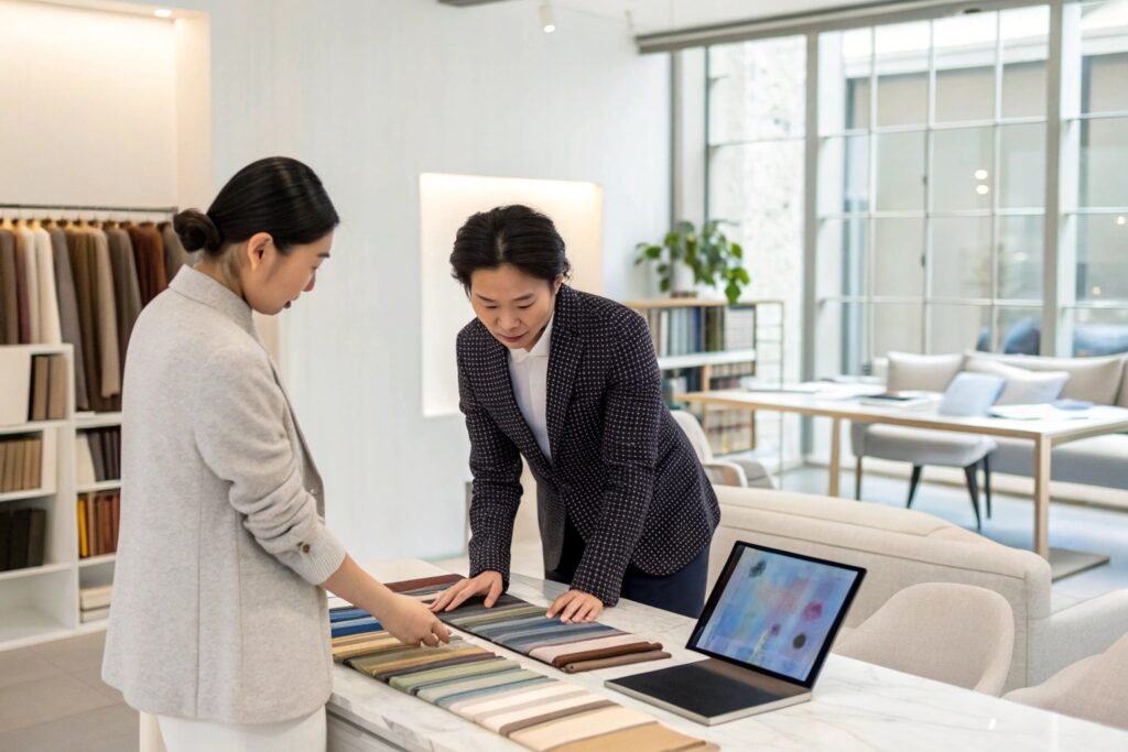 Chinese designers reviewing fabric swatches for customized fashion accessory production