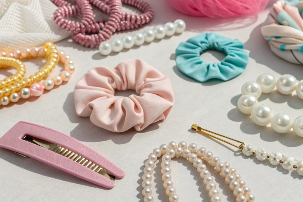 Trendy flat lay featuring 2024's most popular scrunchies and pearl hair accessories - wholesale fashion from Fumao