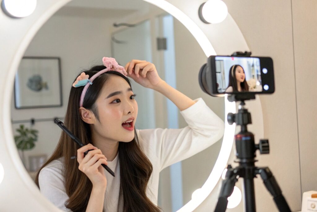 Beauty Influencer Showcasing Cute Hair Accessories During Live Stream
