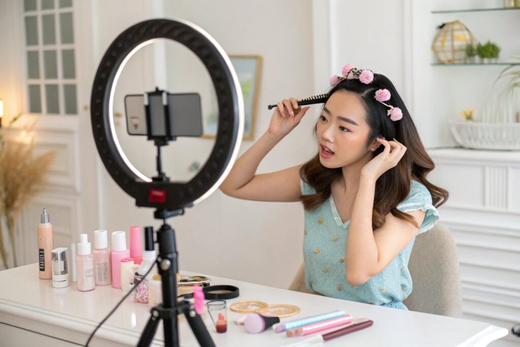Young Chinese Influencer Styling Hair with Floral Clips at Vanity – Fumao Clothing