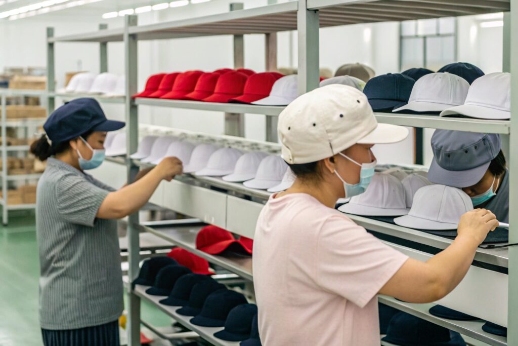 Chinese Factory Staff Inspecting Finished Caps