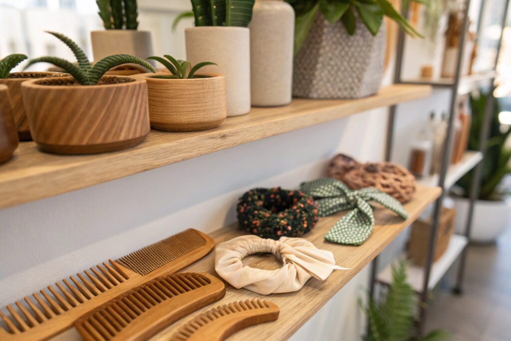 Eco-friendly scrunchies and wooden combs displayed on a boutique salon shelf - sustainable fashion accessories by Fumao