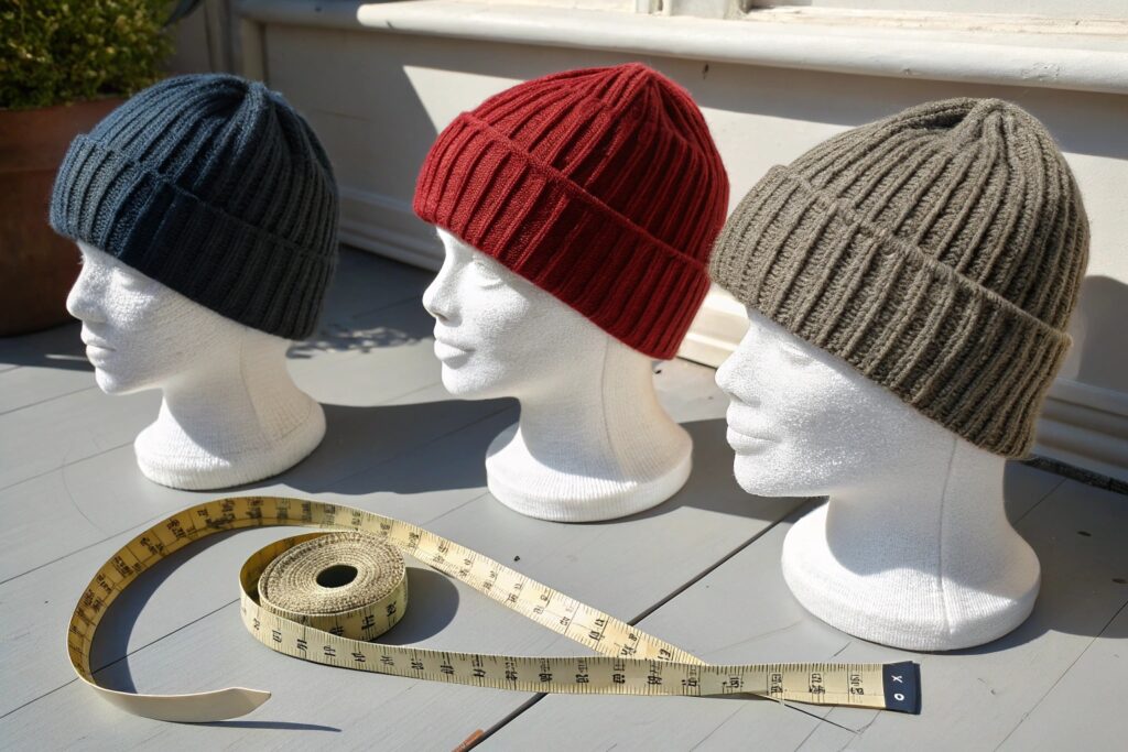 Three Ribbed Wool Beanies on Display with Measuring Tape – Navy, Red, Olive