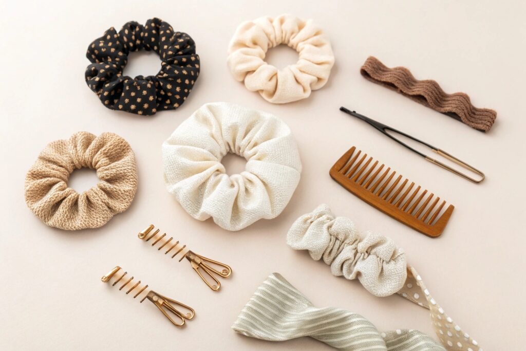 Organized Flat Lay Display of Hair Accessories - Scrunchies, Clips & Combs | Fumao