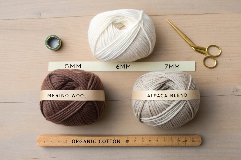 Flat Lay of Premium Yarns – Merino Wool, Alpaca Blend, Organic Cotton