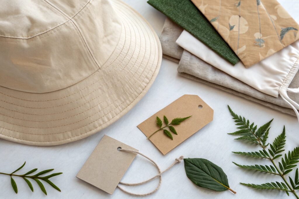Eco-friendly bucket hat flat lay with sustainable packaging and fabric swatches