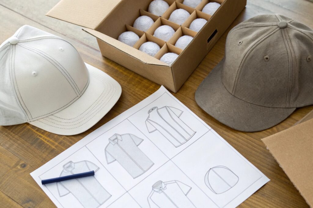 Flat Lay of Custom Hat Design and Production Process