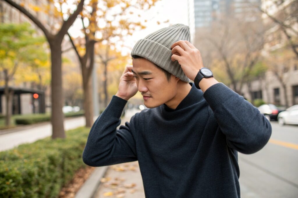 Lifestyle Image of a Chinese Male Model Wearing a Ribbed Beanie in the City