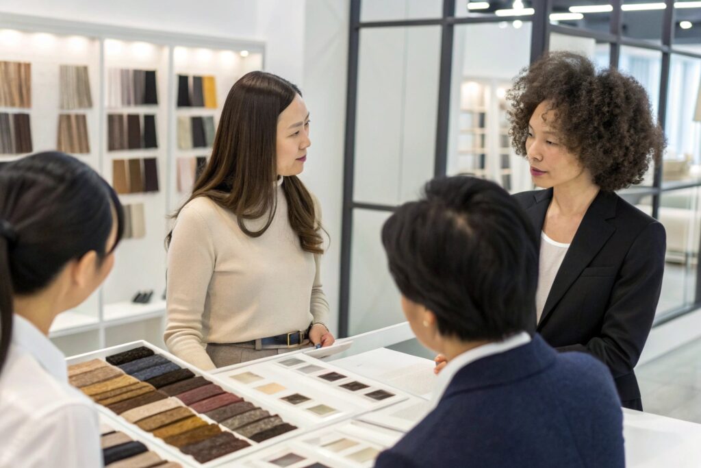 Professional Showroom Meeting with Fabric Samples | Fumao Clothing