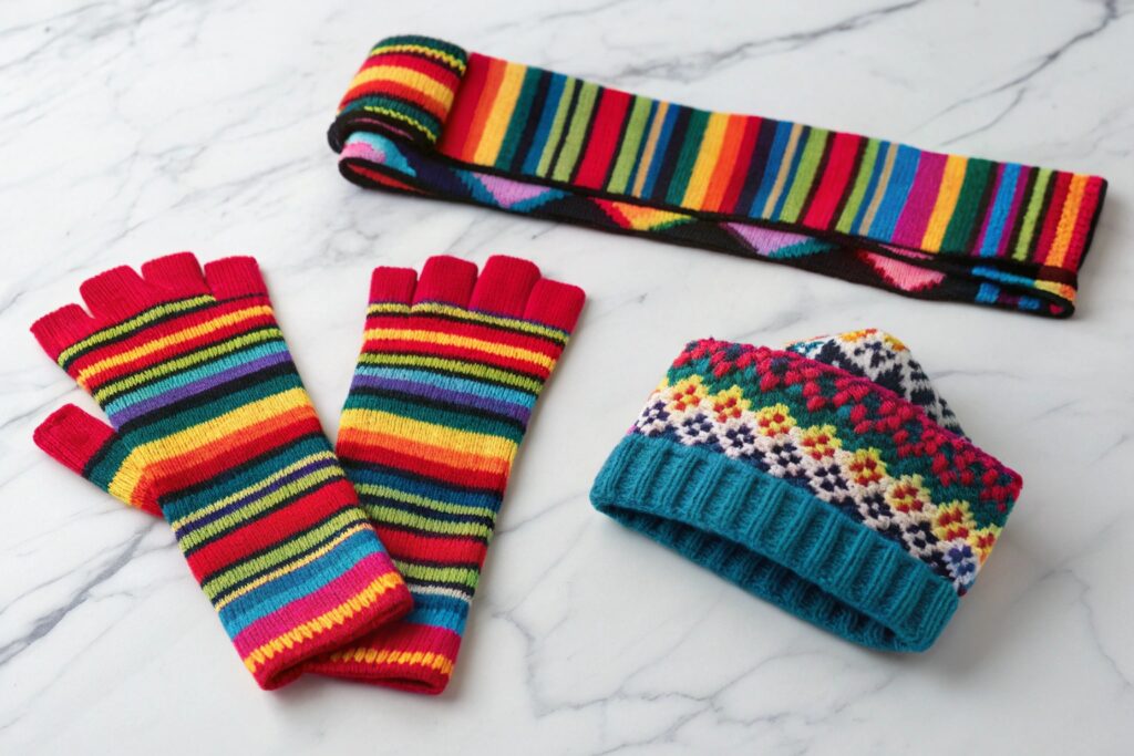 Vibrant Winter Accessory Set - Colorful Knit Gloves, Headband, and Beanie for 2024