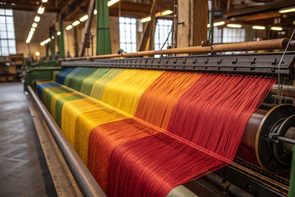 Inside a Traditional Swiss Silk Weaving Mill with Colorful Threads on Loom