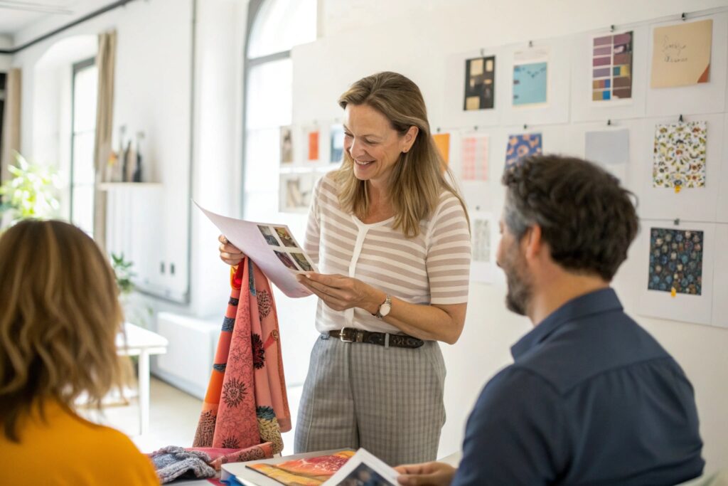 Swiss Textile Designer Presenting Fabric and Prints in a Creative Studio Setting