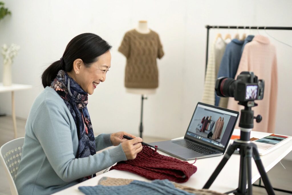 Chinese Fashion Designer Filming a Virtual Showcase of Knitwear Collection