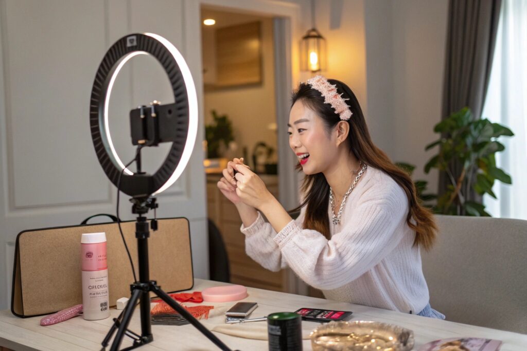 Chinese Influencer Filming Hair Tutorial with Fashion Accessories