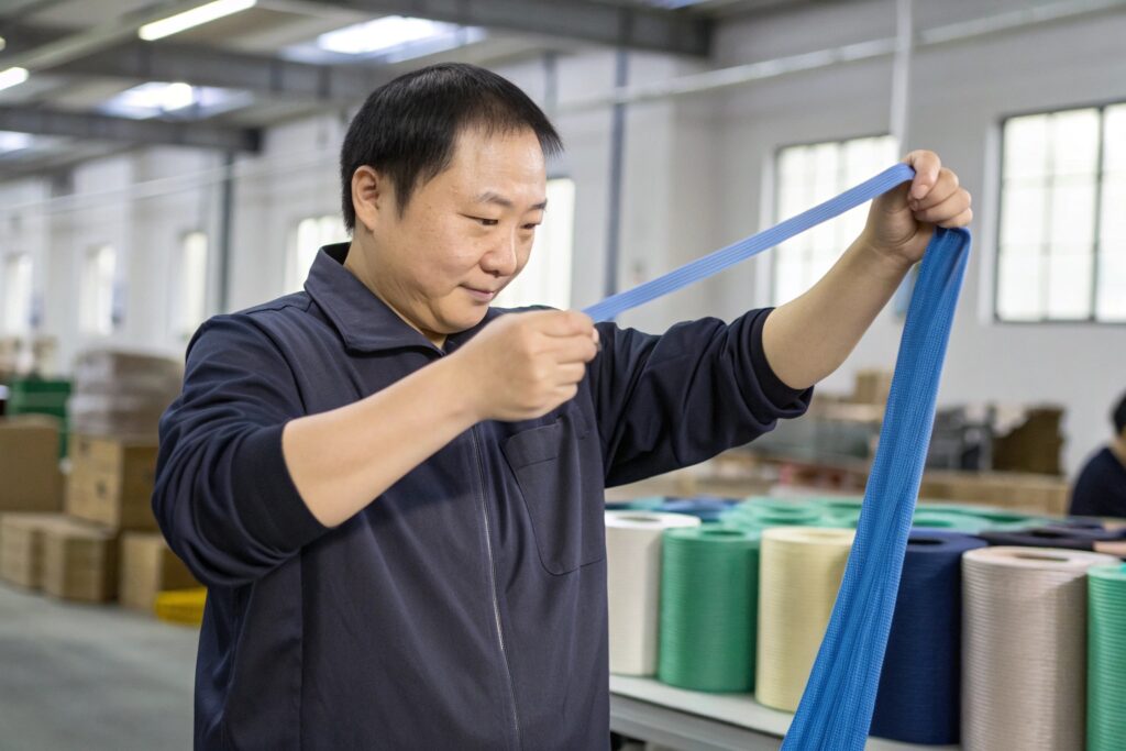 Chinese supplier inspecting high-stretch fabric band for custom accessories - Fumao factory production