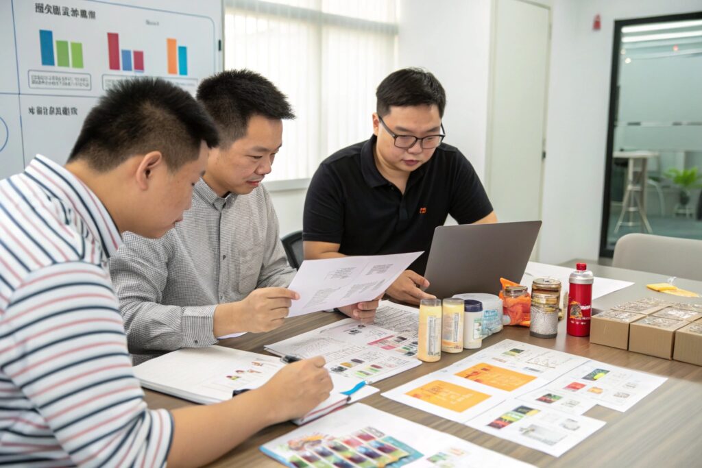 Small Chinese Team Reviewing Branding and Packaging for Fashion Accessories
