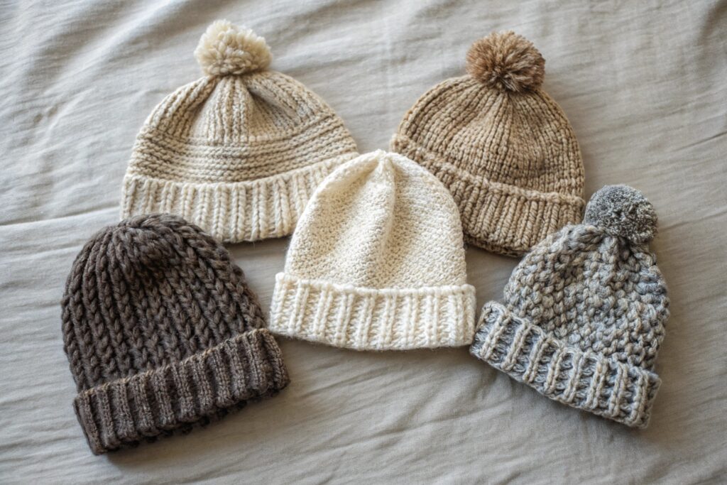 Top Down Flat Lay of Five Hand Knit Wool Beanies in Neutral Earth Tones