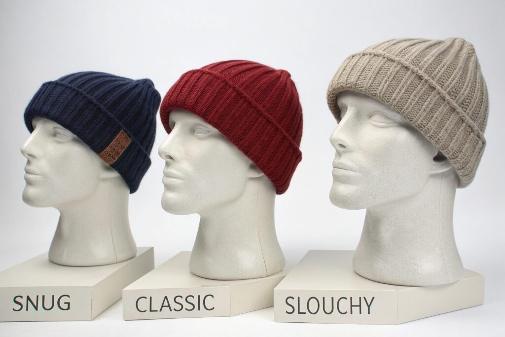 Visual Comparison of Three Knitted Beanies: Snug, Classic, Slouchy Fit