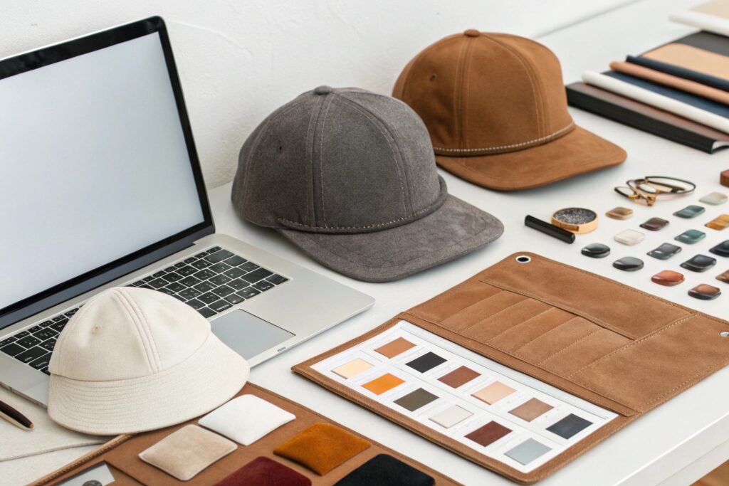 A modern branding workspace layout featuring neutral-tone baseball caps, a fabric swatch book, a laptop, and a palette of color samples — all laid out for cap design and branding development