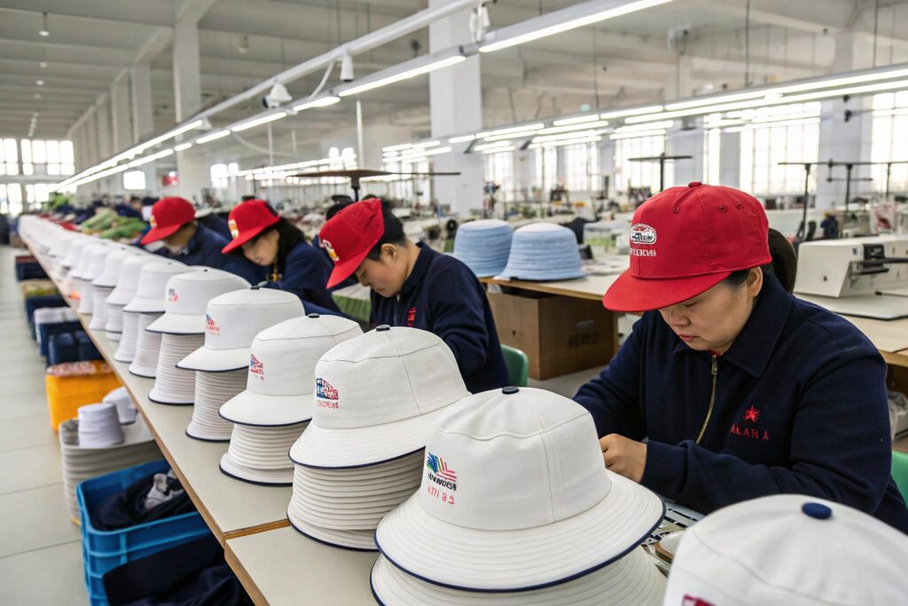 Bright and modern American hat factory scene showing Chinese workers assembling white bucket hats with embroidered logos. Workers in red caps operate in a clean production line, showcasing large-scale OEM custom hat manufacturing capacity. Ideal for illustrating quality control, private label services, and high-volume headwear production for global brands.