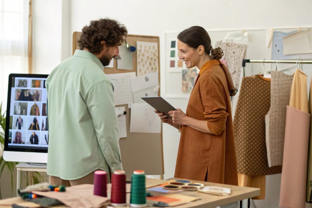 A candid moment of a fashion business owner discussing design samples with a creative team member in a cozy studio. The workspace includes fabric rolls, thread cones, a digital sketch display, and pinned swatches on the wall