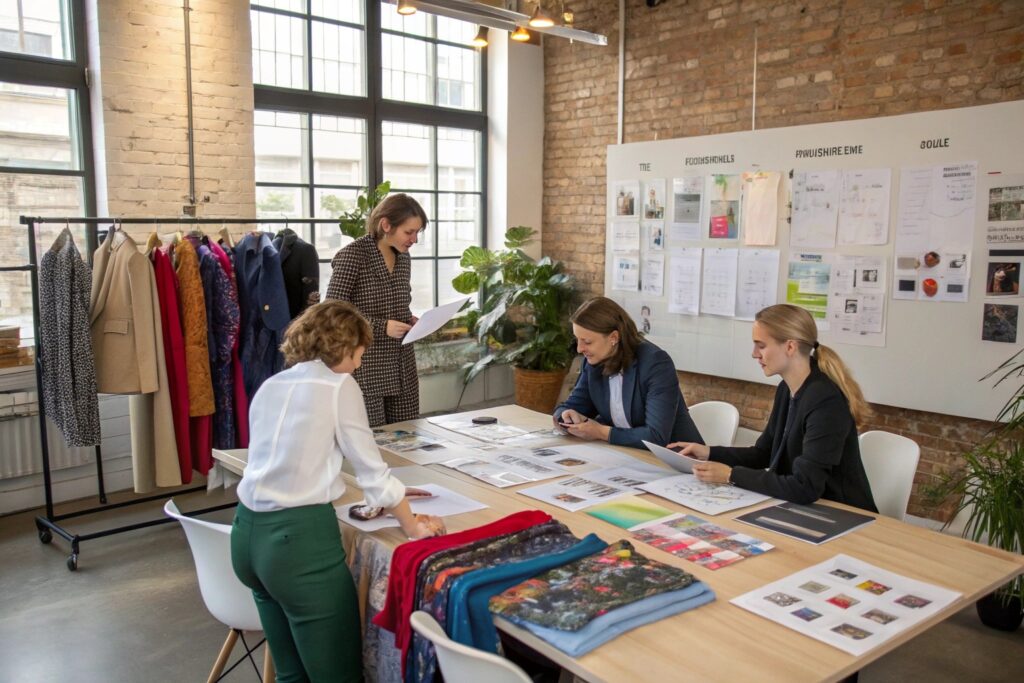A casual yet stylish office setting where a mixed group of European designers discuss fashion concepts and fabric samples at a collaborative table