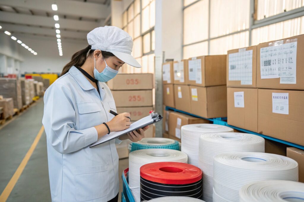 A person in a white uniform, cap, and face mask writing on a clipboard in a warehouse or factory setting with rolls of material and boxes
