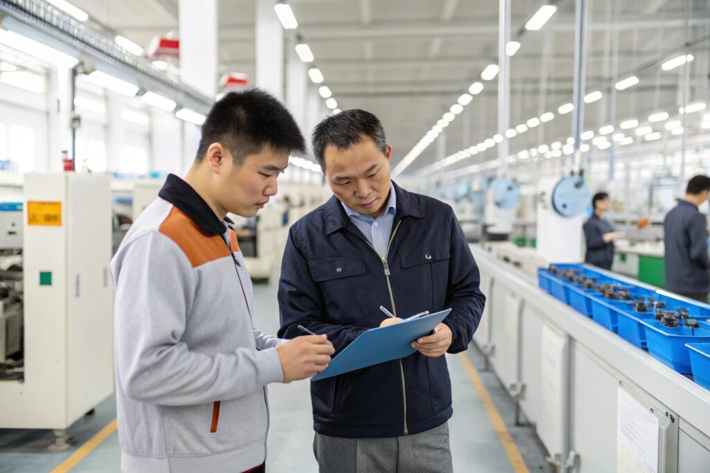 Two men in a bright factory or workshop looking at a clipboard; one is writing while the other observes