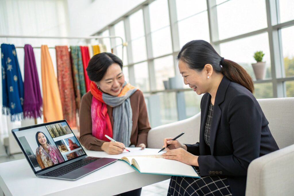 A Chinese sales manager and assistant sitting in a modern textile showroom having an online meeting with a client, surrounded by colorful scarves