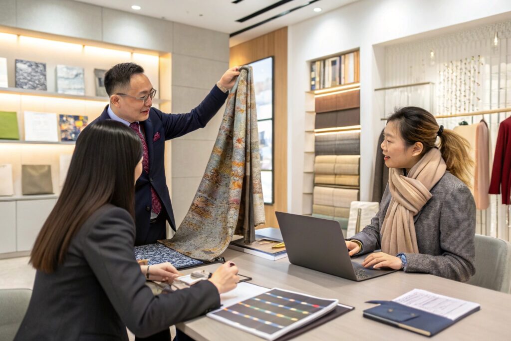 A Chinese sales manager in a modern showroom presenting premium textile samples to two team members during a professional meeting