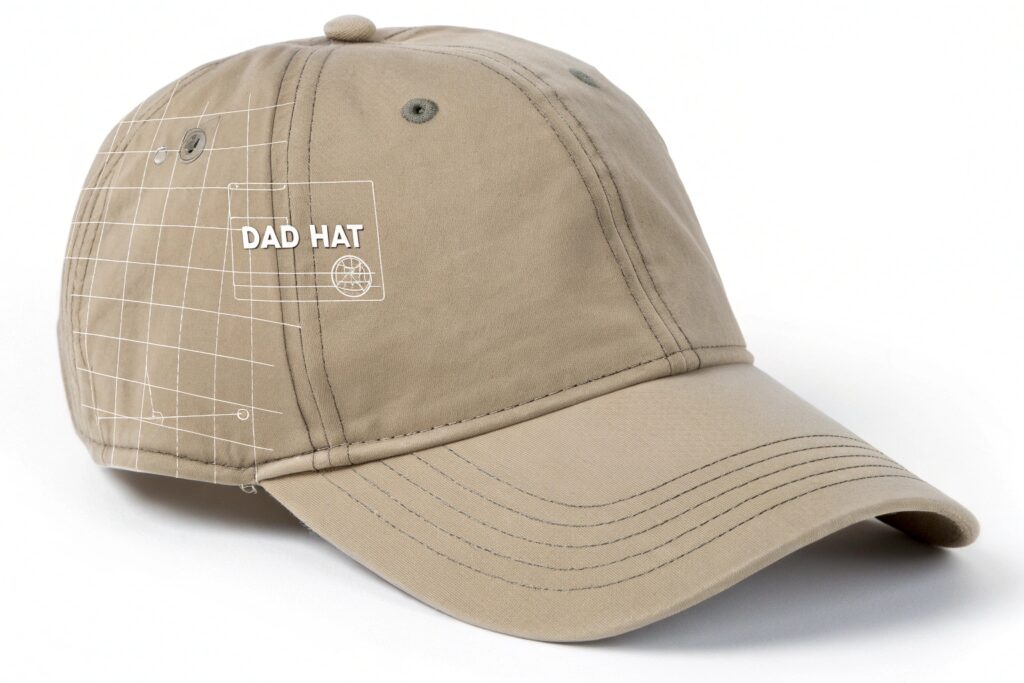 A clean digital mockup of a khaki dad hat – Ideal for showcasing custom logo placement, embroidery preview, and unstructured cap design. Great for headwear brand development, online catalogues, and B2B wholesale presentations.