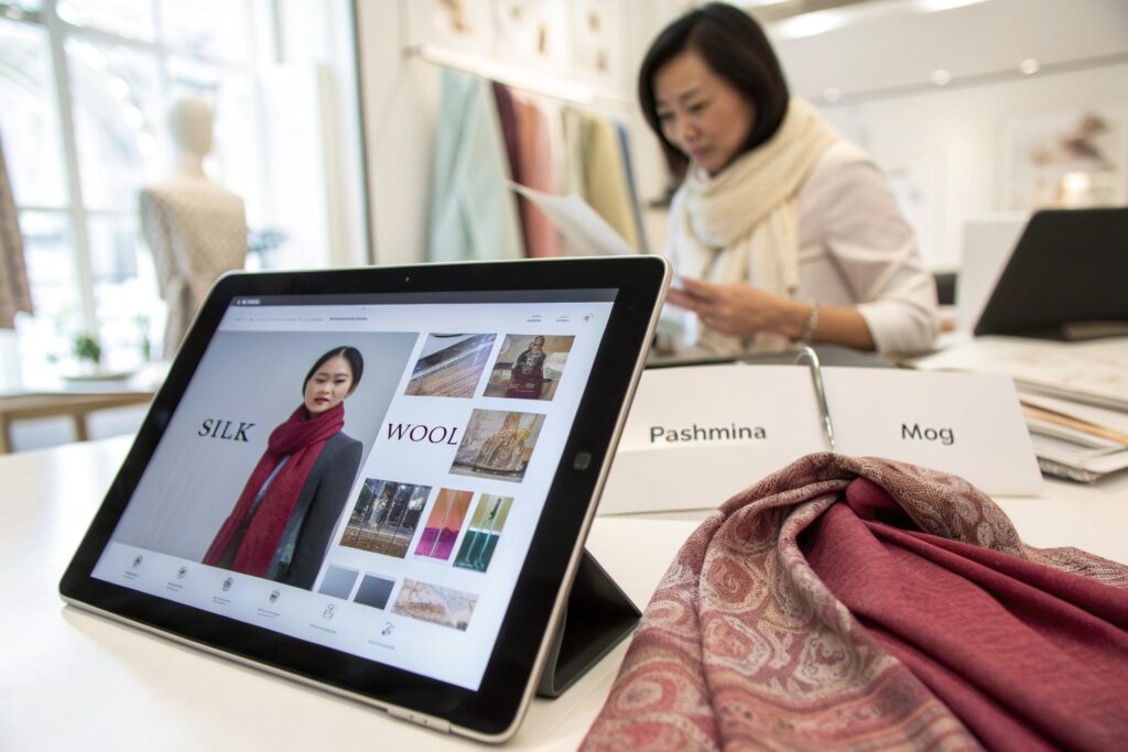 A clean, modern desktop with a tablet screen displaying a scarf e-commerce website featuring silk and wool materials, alongside swatches labeled Pashmina and Mog, and a Chinese staff member reviewing product sheets